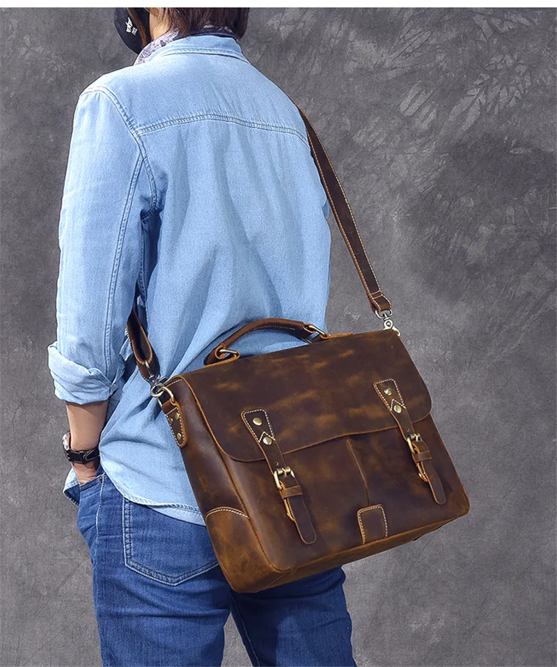 Business vintage crazy horse cowhide men's briefcase luxury genuine leather handbag lawyer office laptop shoulder messenger bag