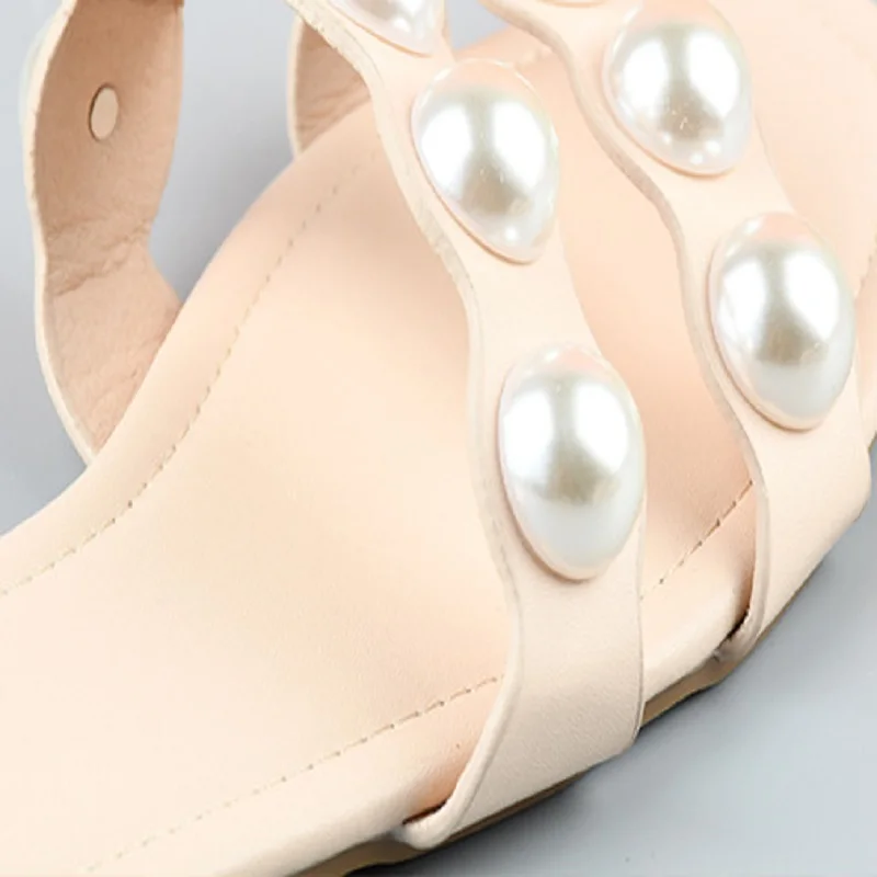 Women's Slippers 2022 European And American Fashion Pearl Sandals Comfortable Soft Bottom Square Toe Ladies Flat Slippers 36-42