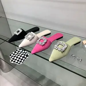 Pointed Toe Women Slippers Black White Rose Green Flat Heeled Summer Beach Shoes Casual Slides Slippers Crystal Buckle Dress 39