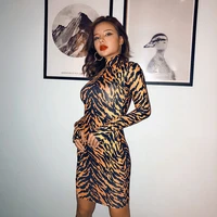 2022 spring new womens sexy milk silk temperament tiger print long sleeve high neck slim dress