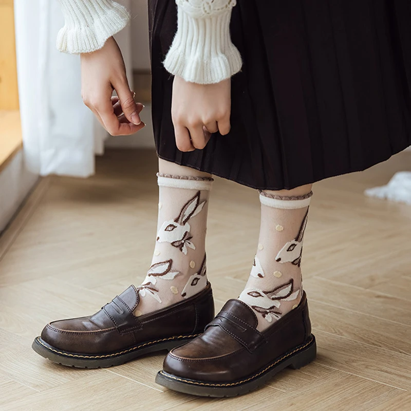 

Summer Ultra-thin Transparent Glass Silk Sock Harajuku Crystal Silk Socks Women Cartoon Rabbits Japanese Kawaiii Cute Long Socks