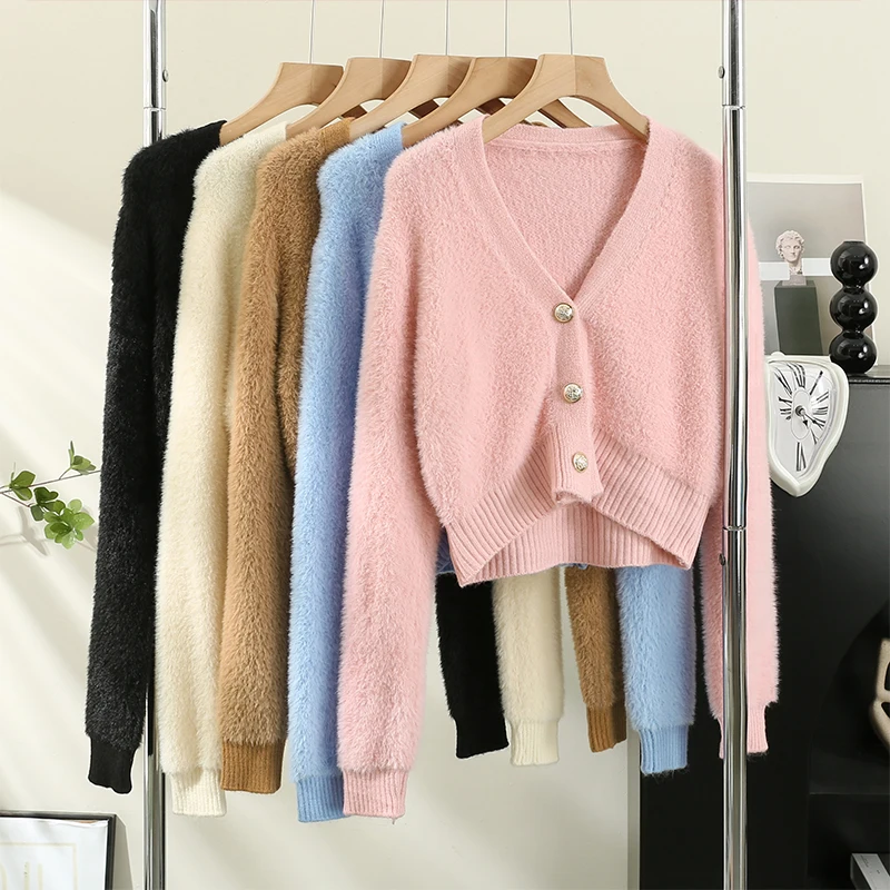 

Fashion Women Sweaters 2023 Cardigan for Women Knit V-neck Sweater White Korean Womens Clothing Slim Pink Ladies Tops Autumn