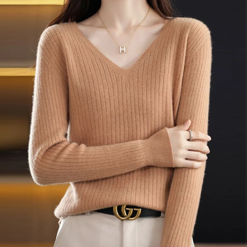 

Autumn Elegant V-neck Sweater Women Bottoming Top Winter Fashion Slim Fit Pullover Casual Long Sleeve Solid Soft Clothes 28502