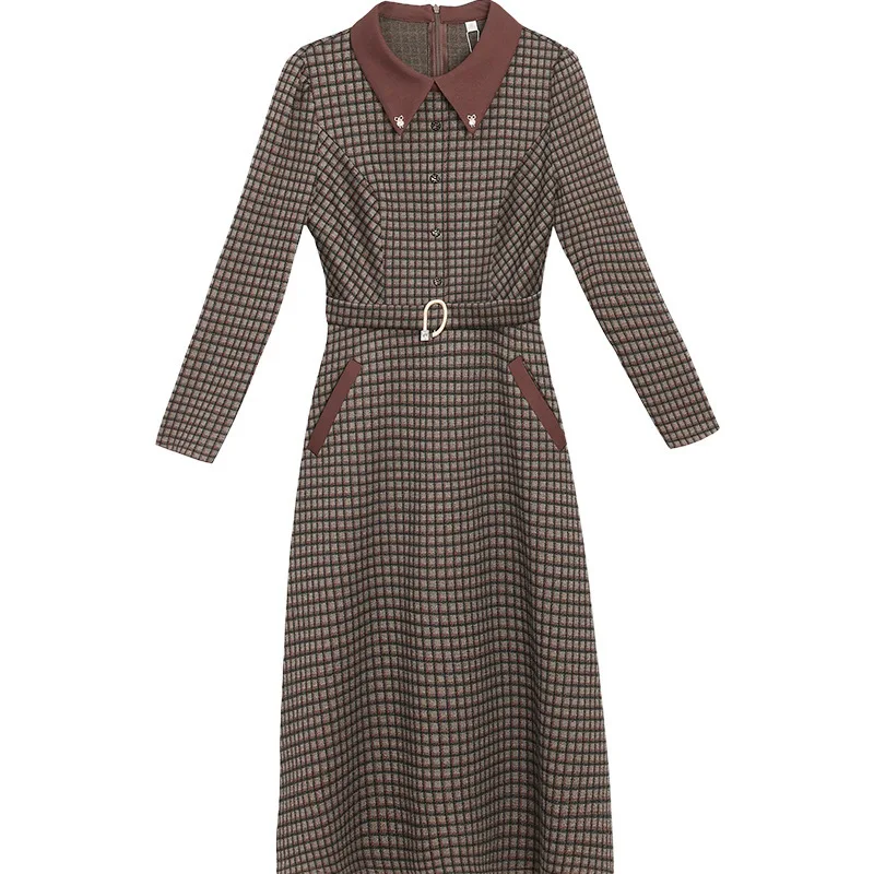 

Деловые платья для женщин 2022, элегантное осеннее Деловое платье в клетку с отложным воротником и длинным рукавом, женское строгое платье с поясом, приблизительно 5XL