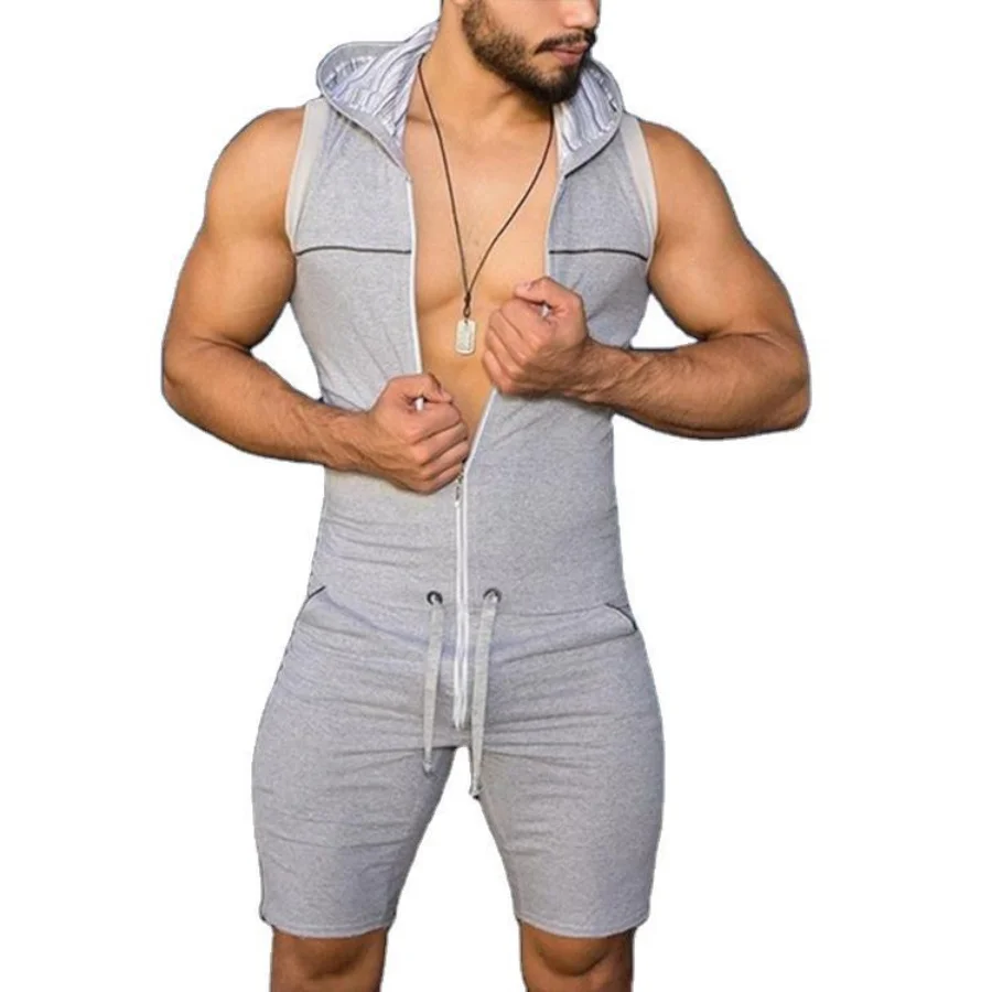 New 2023Men´s One Piece Tight Fitness Jumpsuit Zipper Sleeveless Hooded Rompers with Pockets Male Fashion Rompers Pajamas Sets