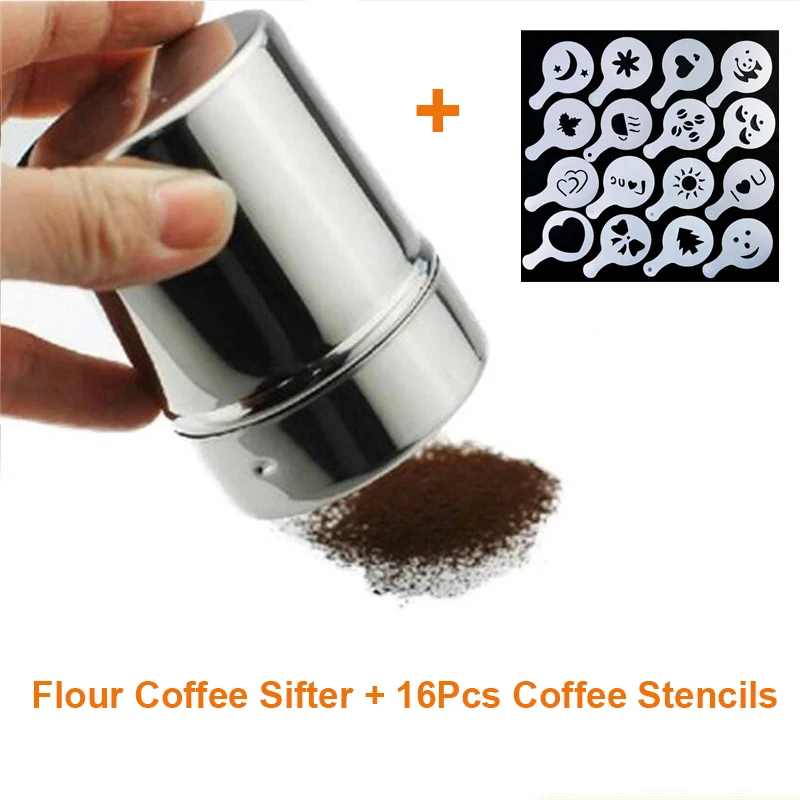 1pc Stainless Steel Chocolate Shaker Cocoa Flour Coffee Sifter + 16Pcs Coffee Stencils Template Strew Pad Duster Spray Tools
