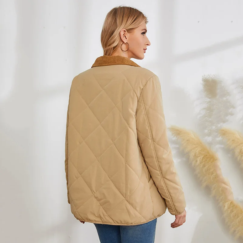 Autumn and winter fashion women's elegant cotton coat street wear solid color pocket parka large lapel short bread coat women