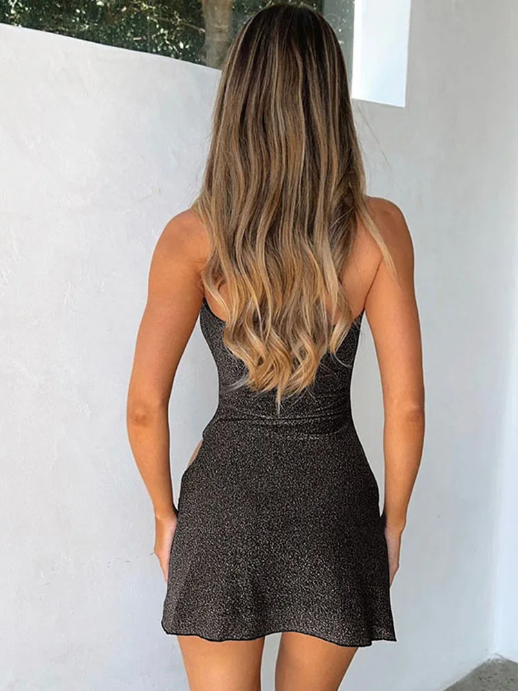 2024 женское элегантное блестящее платье с лямкой на шее и открытой спиной