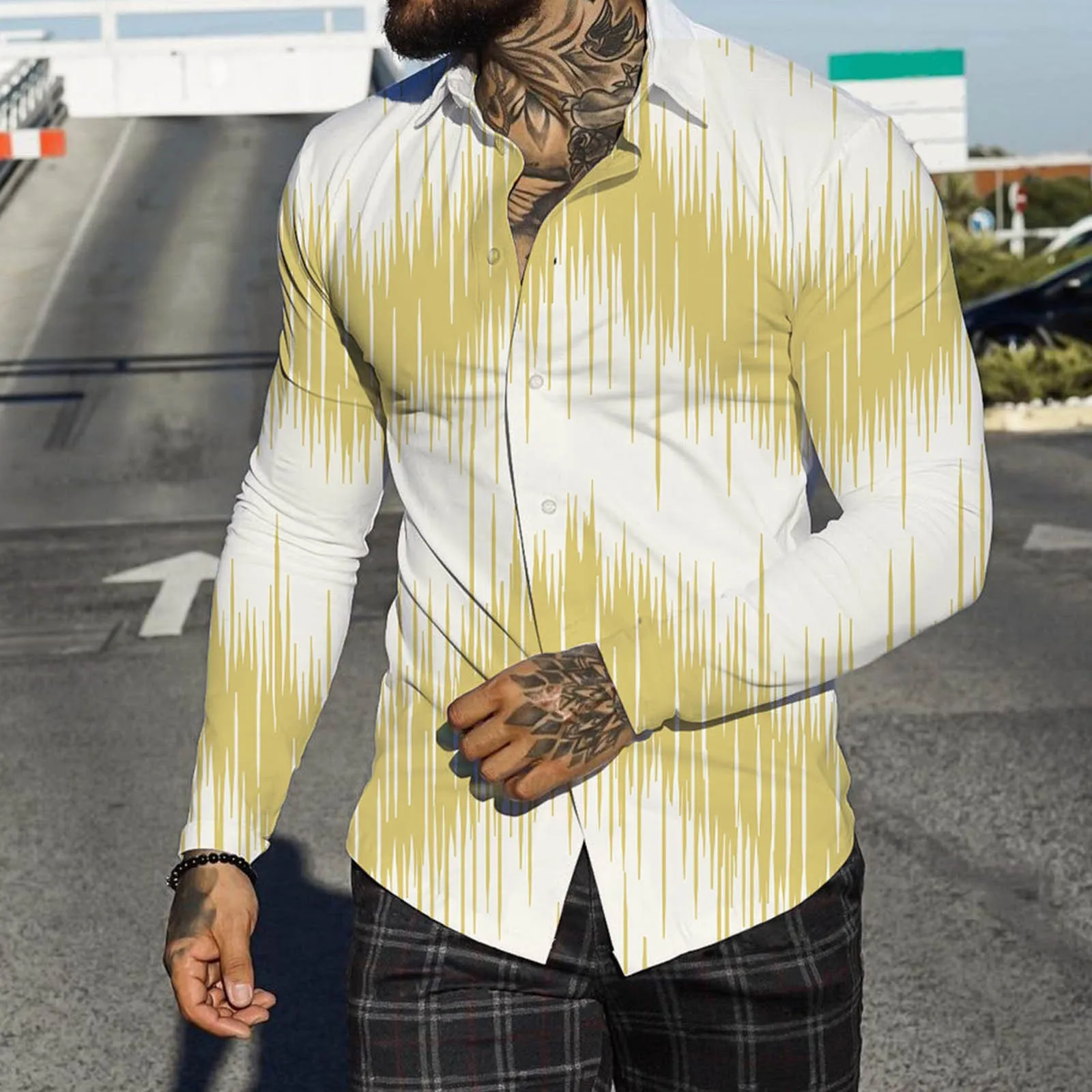 

Men Autumn Winter Single Breasted Casual Lapel Full Print Beach Long Sleeve Vacation Outdoor Holiday Shirt Yellow Shirt