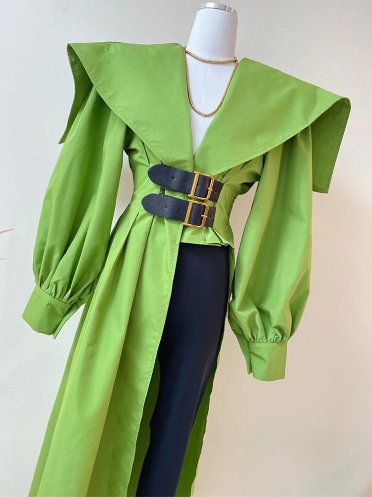 TWOTWINSTYLE Green Shirt For Women Lapel Long Sleeve Asymmetrical Hem Button Through Blouse Female Fashion Clothing Style New images - 6