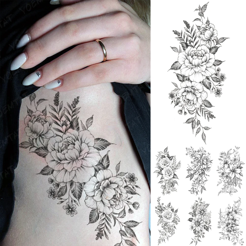 

Line Flower Waterproof Temporary Tattoo Sticker Peony Rose Lily Leaf Plant Flash Tatto Women Men Arm Waist Body Art Fake Tattoos