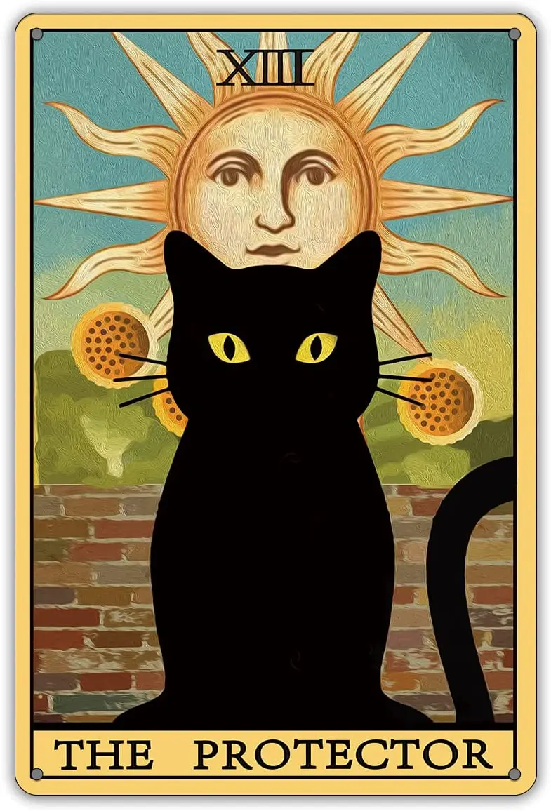 

The Protector Tarot Cat Metal Tin Sign Wall Decor Farmhouse Rustic Black Cat Tarot Signs for Cat Lovers Home Decor 8X12 inch