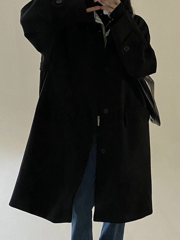Корейское шикарное винтажное однотонное длинное пальто женское однобортное