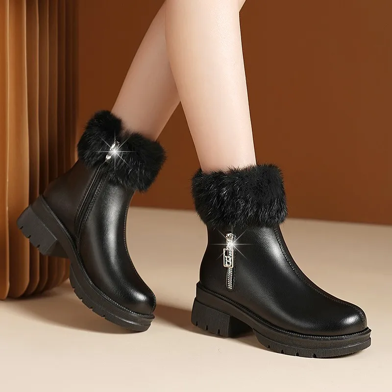 Winter Warm Snow Boots Pump Women's Side Zipper Faux Suede Platform High Heels Ankle Boots Women High Top Round Toe Botas Mujer