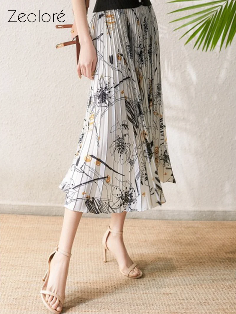 

Zeolore Women Summer Mid-length Pleated Skirt Elegant Casual High Waist Printed Long Skirt QT1851