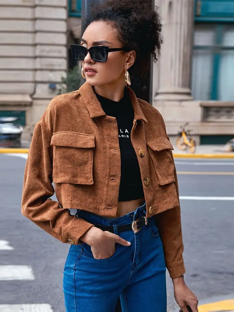 

2022 Spring/summer Express Women's casual single-breasted organ bag lapel corduroy long-sleeve jacket jacket