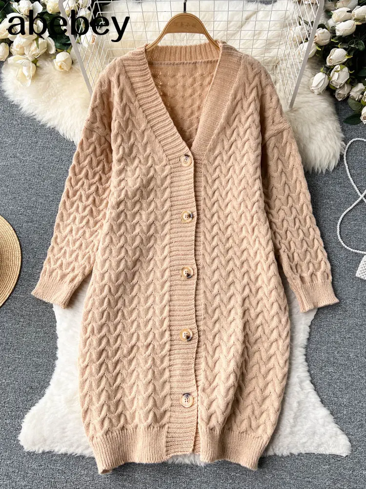 

Large Vintage Thicken Warm Solid Winter Women's Sweater Coat Loose Cardigan Mid Length Knee Knit Casual Korean Style Jacket