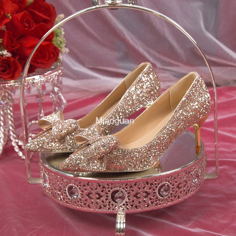 

Autumn Bling Shiny Glitter Pumps Women Slip-On Sweet Bowknot High Heels Shoes Woman Shining Thin Heeled Wedding Party Shoes 2023