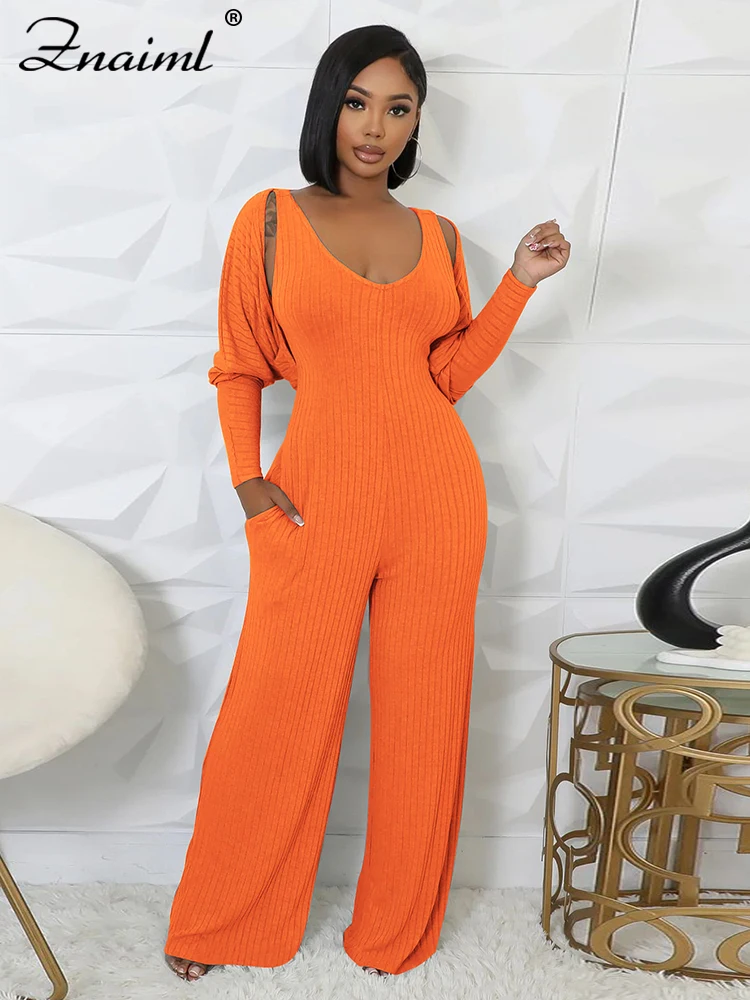 Znaiml СИНИЕ ВЯЗАНЫЕ комбинезоны с широкими штанинами и укороченным топом женские