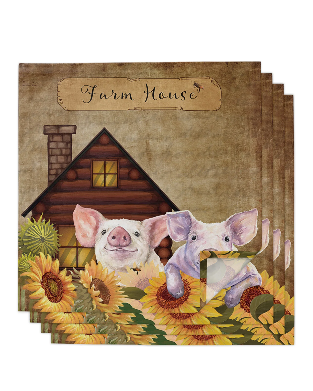 

4pcs Farm Sunflower Pig Barn Square 50cm Table Napkin Party Wedding Decoration Table Cloth Kitchen Dinner Serving Napkins