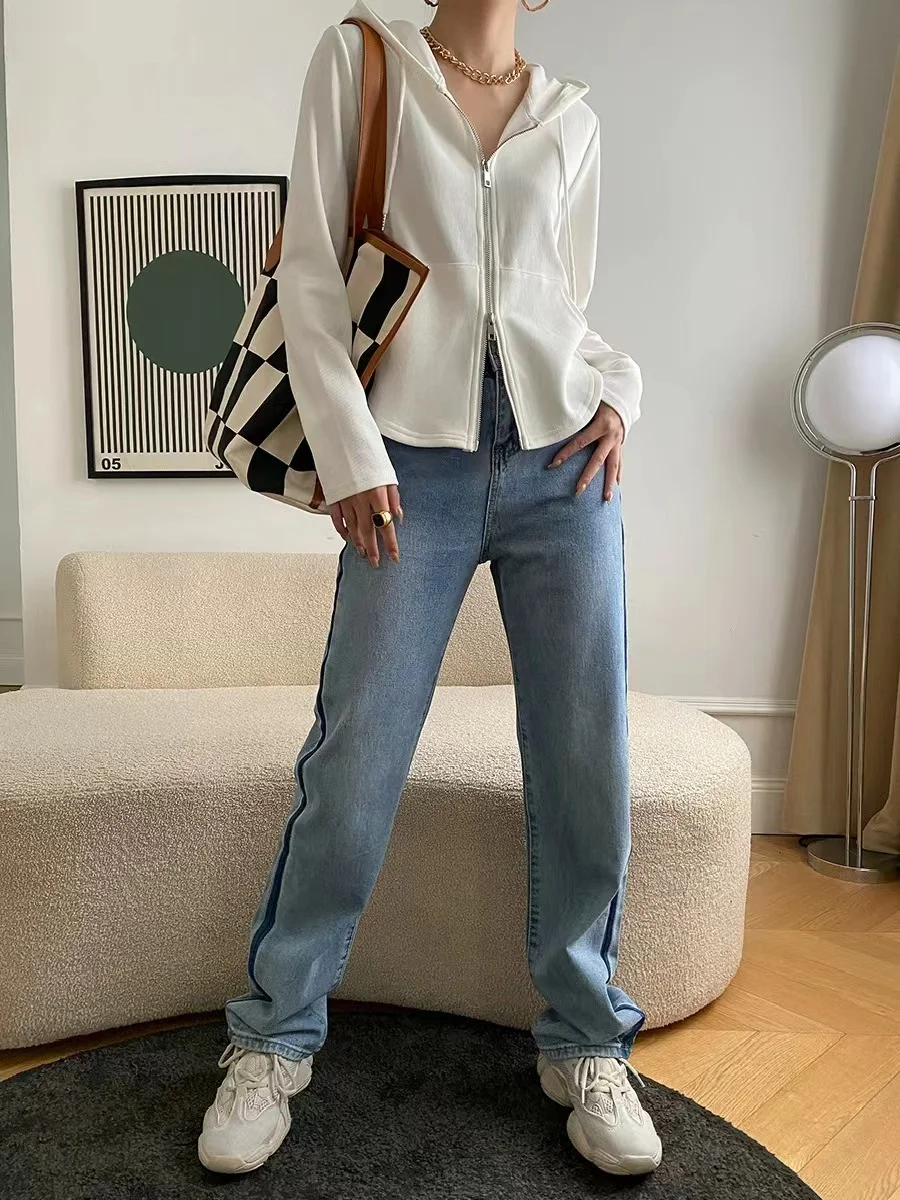 Приталенный вырез с двойной молнией свитер капюшоном пальто черный и белый серый