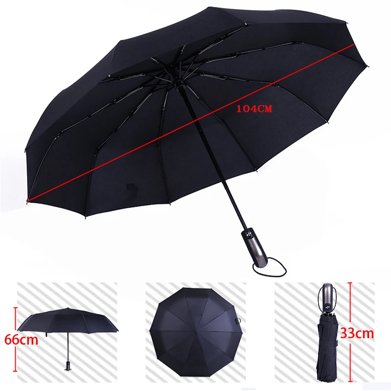 

Fully Automatic Umbrellas Men Women Strong Frame 10Ribs Three Folding Windproof Big Parasol Portable Resistant Umbrella for Rain