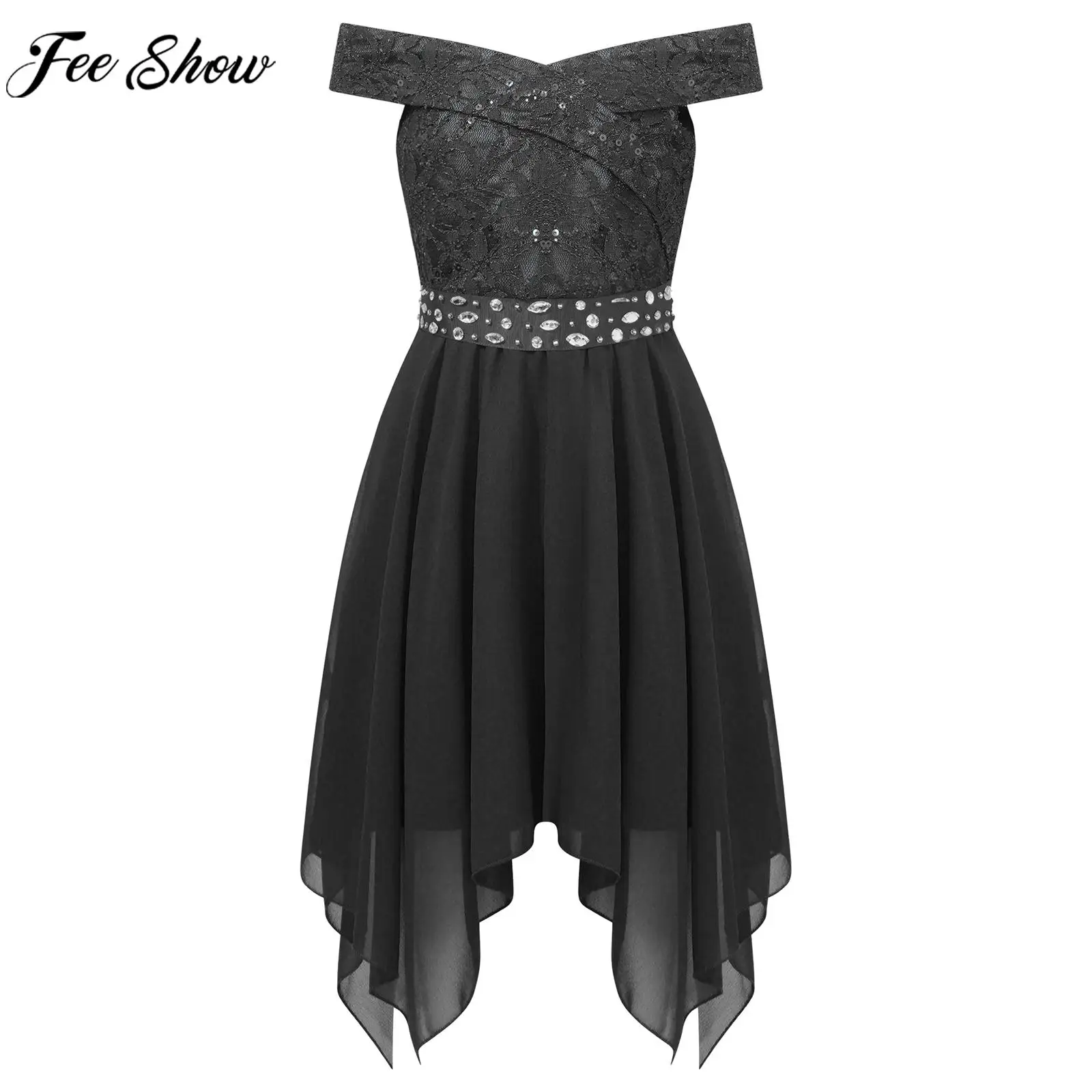 

Girls Off-Shoulder Party Dress Shiny Sequin Lace Chiffon Asymmetrical Hem Princess Dresses for Wedding Birthday Evening Prom