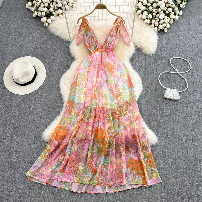 

Sexy Backless V-Neck Temperament High Waist A-Word Floral Chiffon Dress Elegant Seaside Korean Long Maxi Dresses For Women H1705