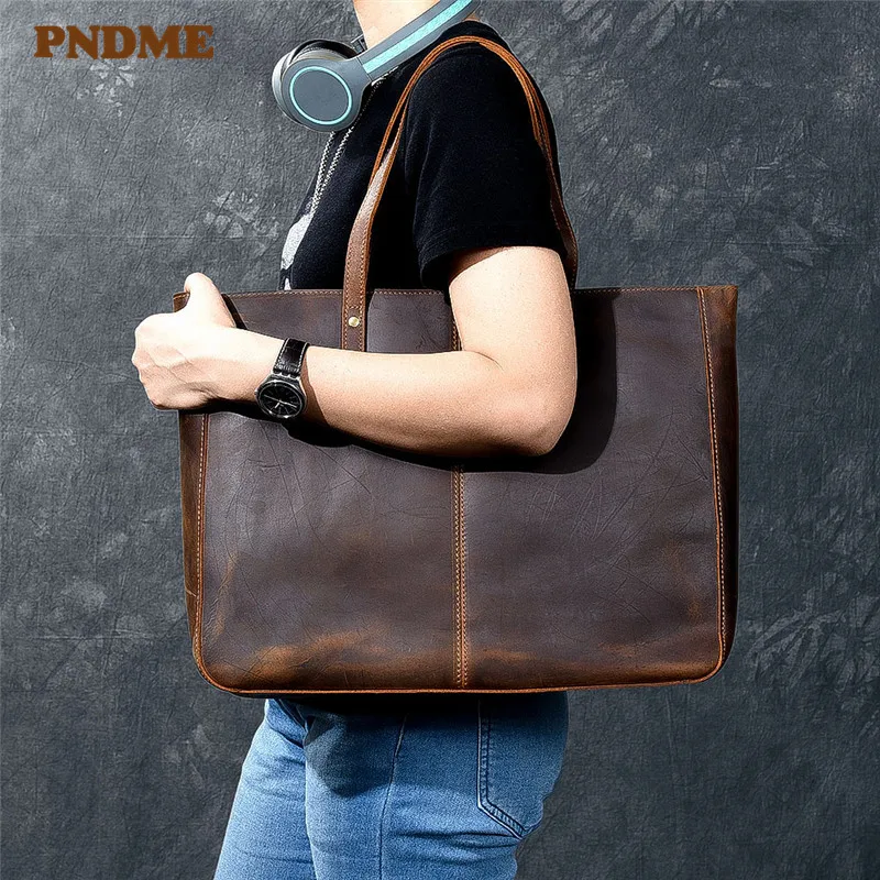 Vintage genuine leather large capacity men women's tote bag simple casual crazy horse cowhide handbag work laptop shoulder bag