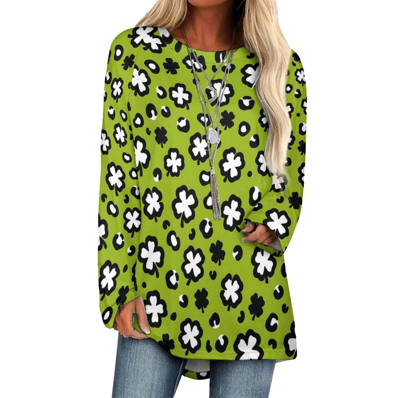 

Shamrock Clover Leopard T-Shirt St Paddy's Day Modern Long Sleeve T Shirts Ladies Streetwear Tshirt Oversized Printed Clothing