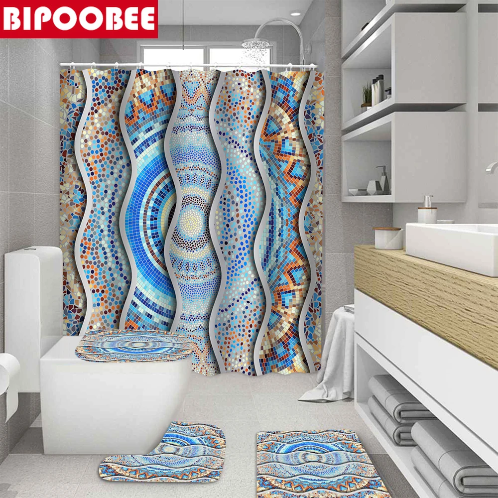 

Bohemian Shower Curtain Striped Polka Dots Printed Bathroom Curtains Non-Slip Rug Toilet Lid Cover Bath Mat Carpet Home Decor