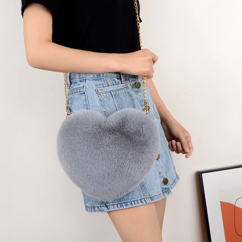 

Imitated Rex Rabbit Fur Love Bag Crossbody Bag for Women Peach Heart Chain Pocket Wallet Fashion Shoulder Cross-chain Female Bag