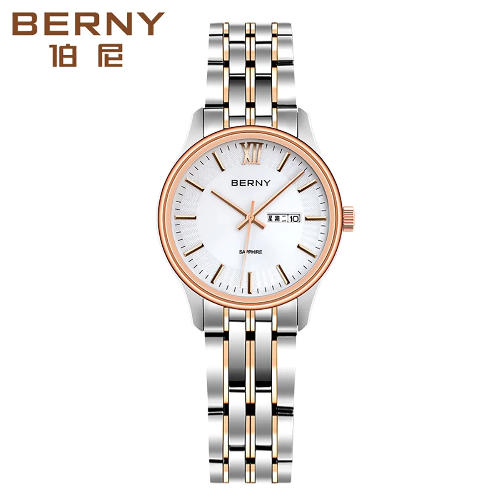 BERNY Dress Women Watch Ladies Quartz Wristwatch Stainless Steel Sapphire Glass Auto Date Waterproof Luxury Watches for Women