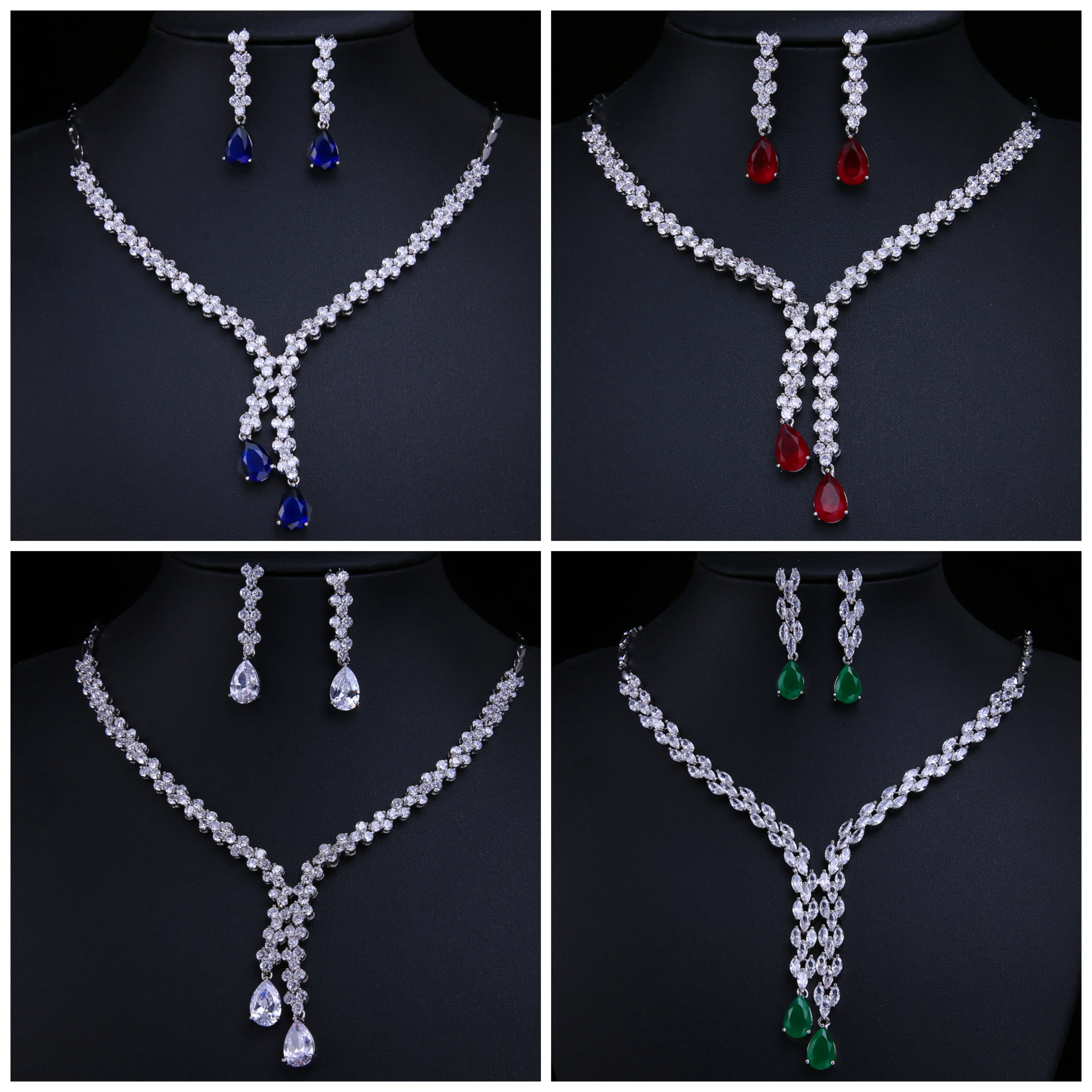 

AMC Luxury Emerald Green/Blue Water Drop Zircon Necklace And Earring Jewelry Set Bridal Wedding Party Accessories Gift For Women