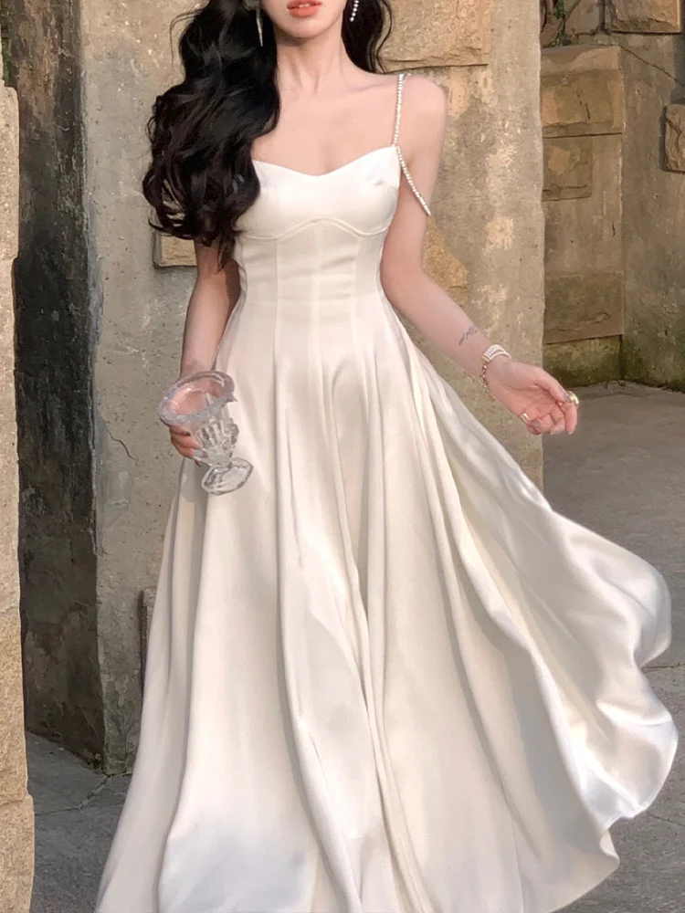 

Elegant Dress for Women Sleeveless Streetwear Fashion Dress Solid Midi Satin Spaghetti Strap 2023 New Spring Summer Dress