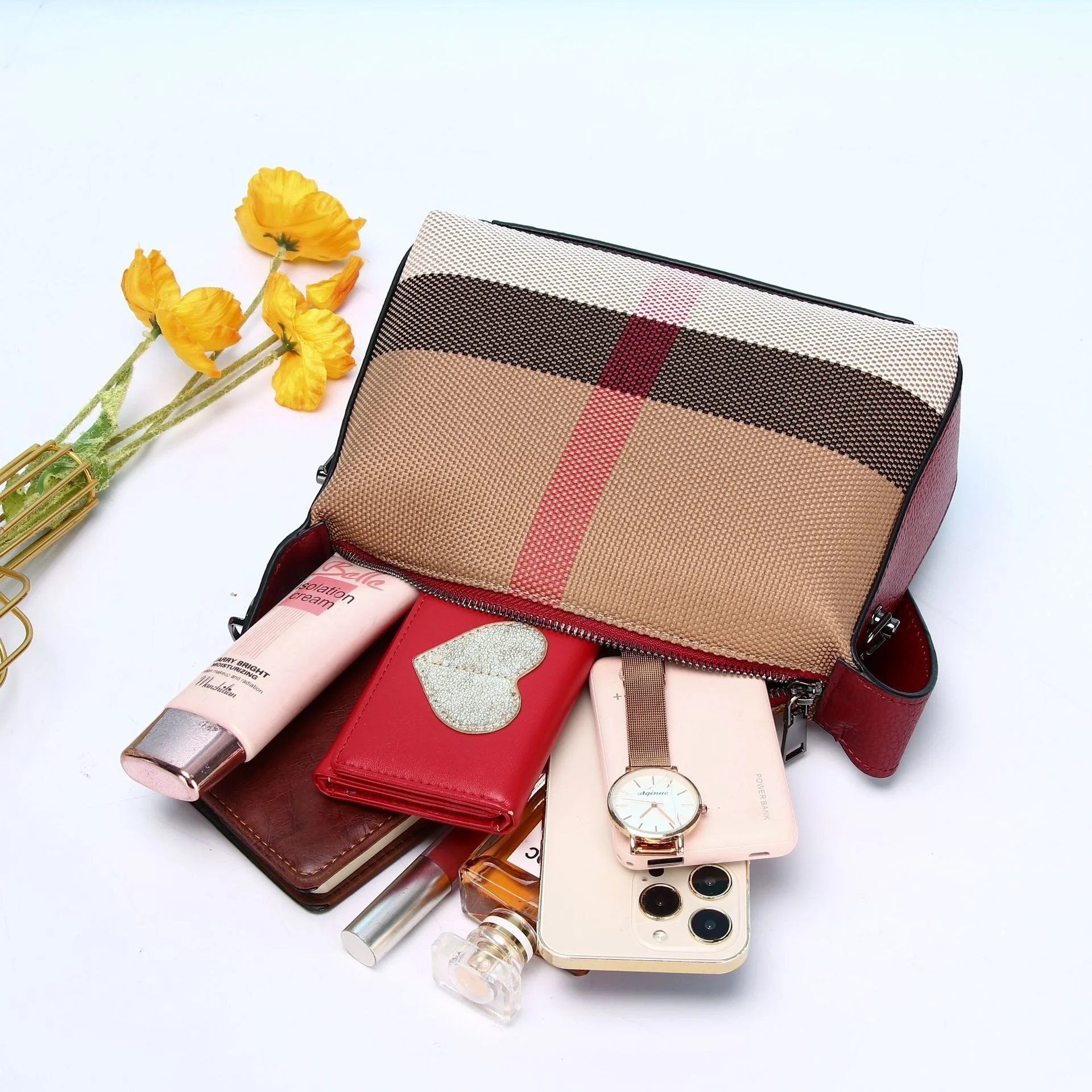 New Luxury Plaid Canvas Women's Bag Fashion Lock Top Handle Genuine Leather Female Tote Handbag Retro Small Messenger Crossbody