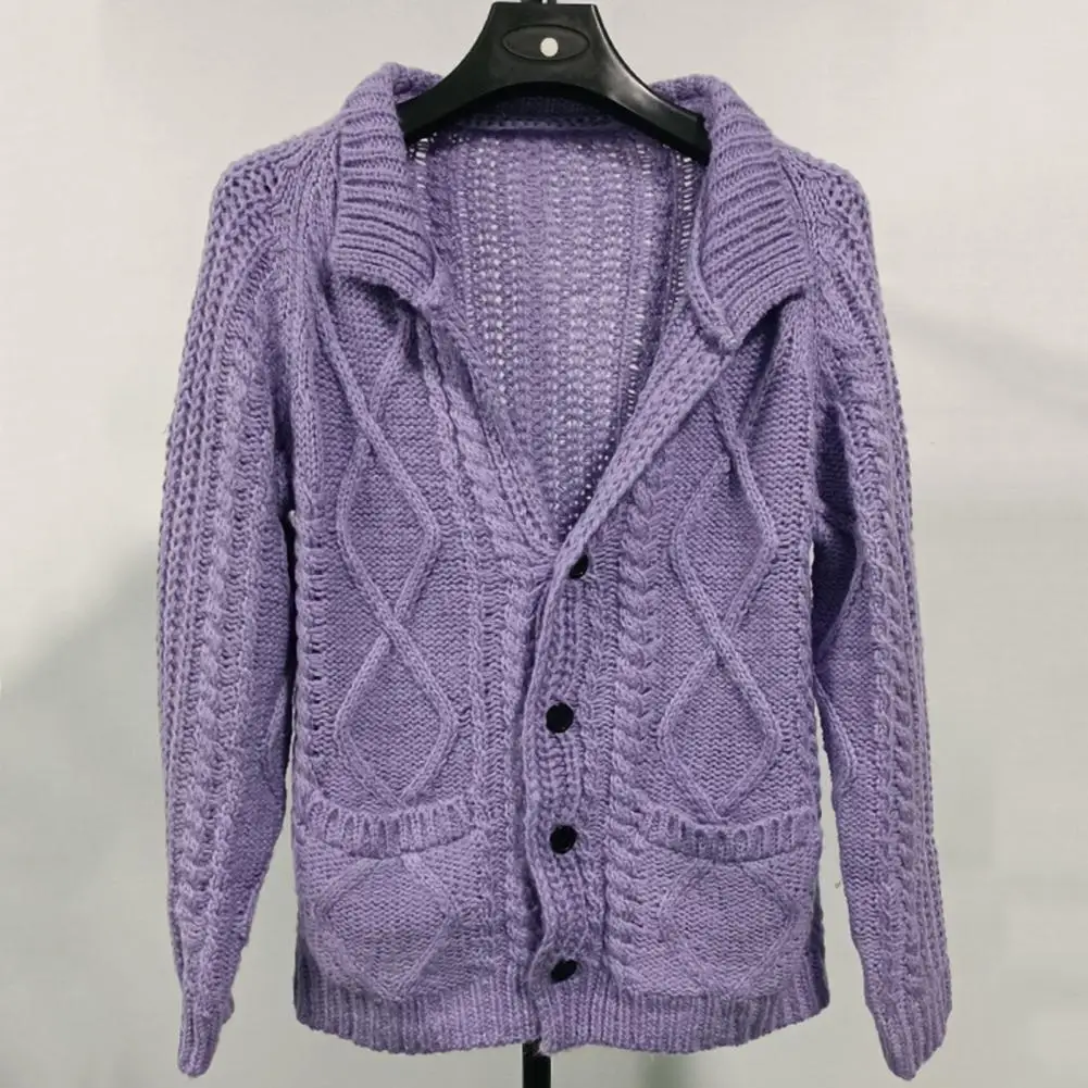 

Chic Fall Sweater Coat Single-breasted Elastic Men Sweater Coat Twisted Texture Lapel Men Sweater Coat