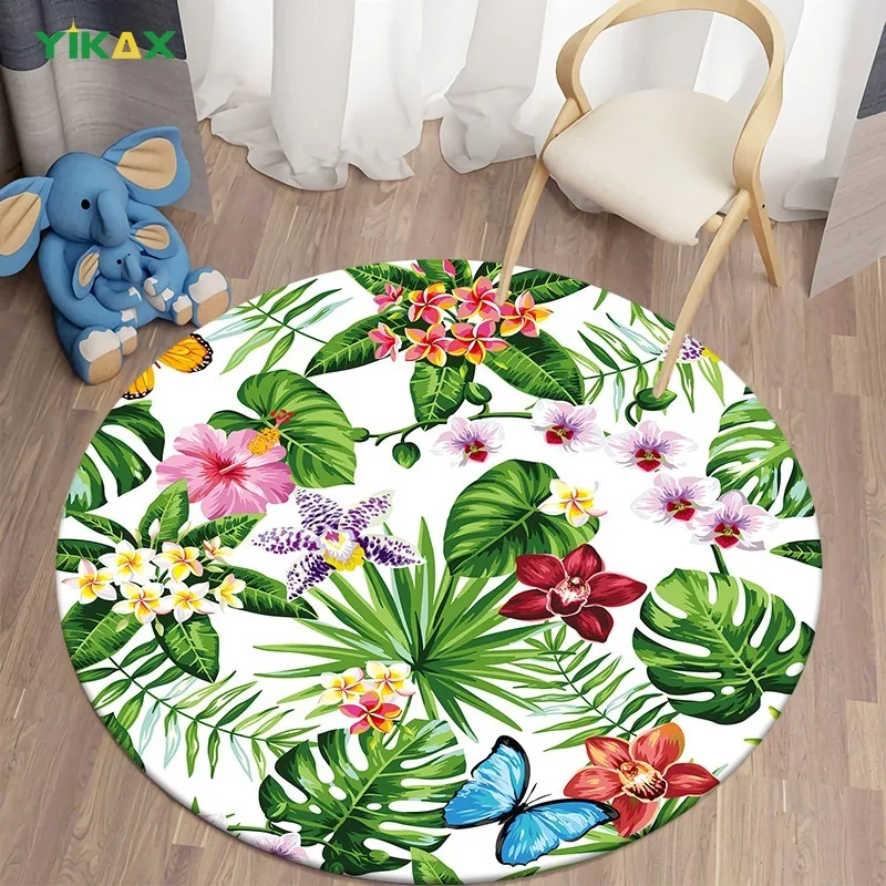 

Round Carpets for Living Room Green Tropical Printed Parlor Bedroom Children Carpet Rugs Toilet Bath Decorate Non-slip Door Mat