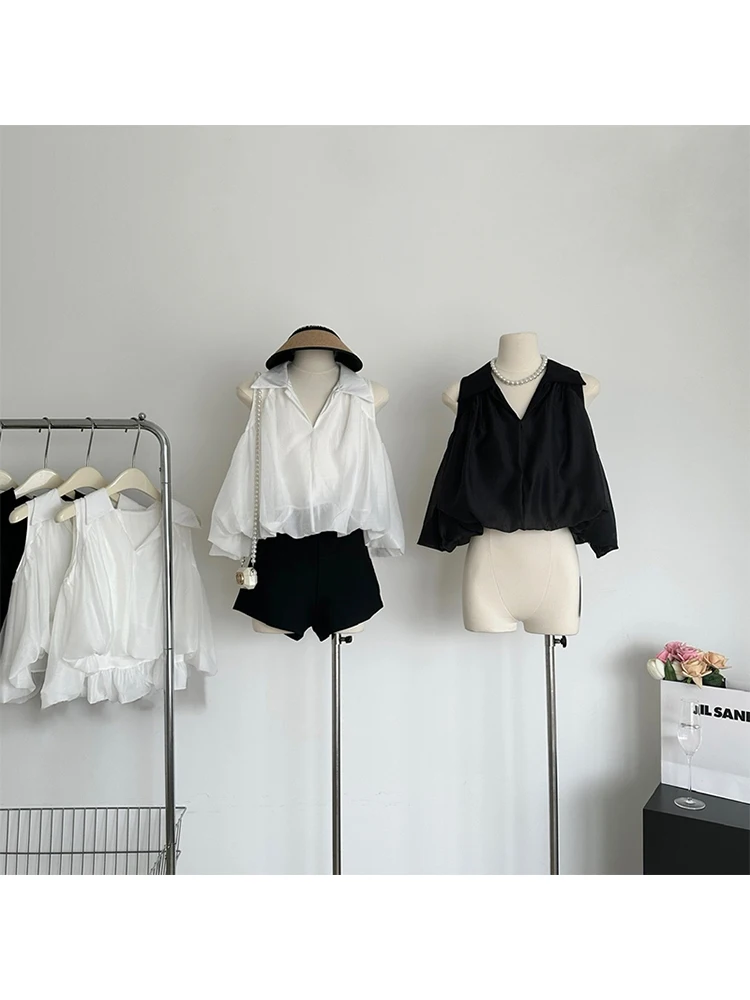 

Женская винтажная рубашка без бретелек, Повседневная Свободная однотонная блузка во французском стиле, в стиле мори, для улицы, лето 2023