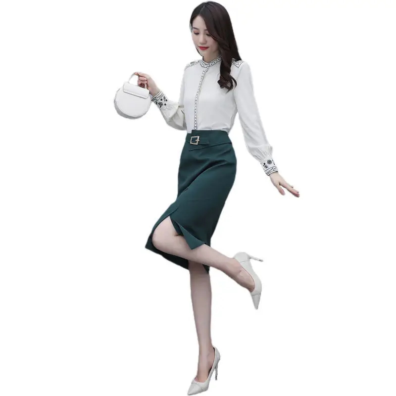 2023 Korean Popular Spring New Vintage Printed Chiffon Shirt Slim Skirt Two-piece Elegant Women's Skirt Suit Office Outfits