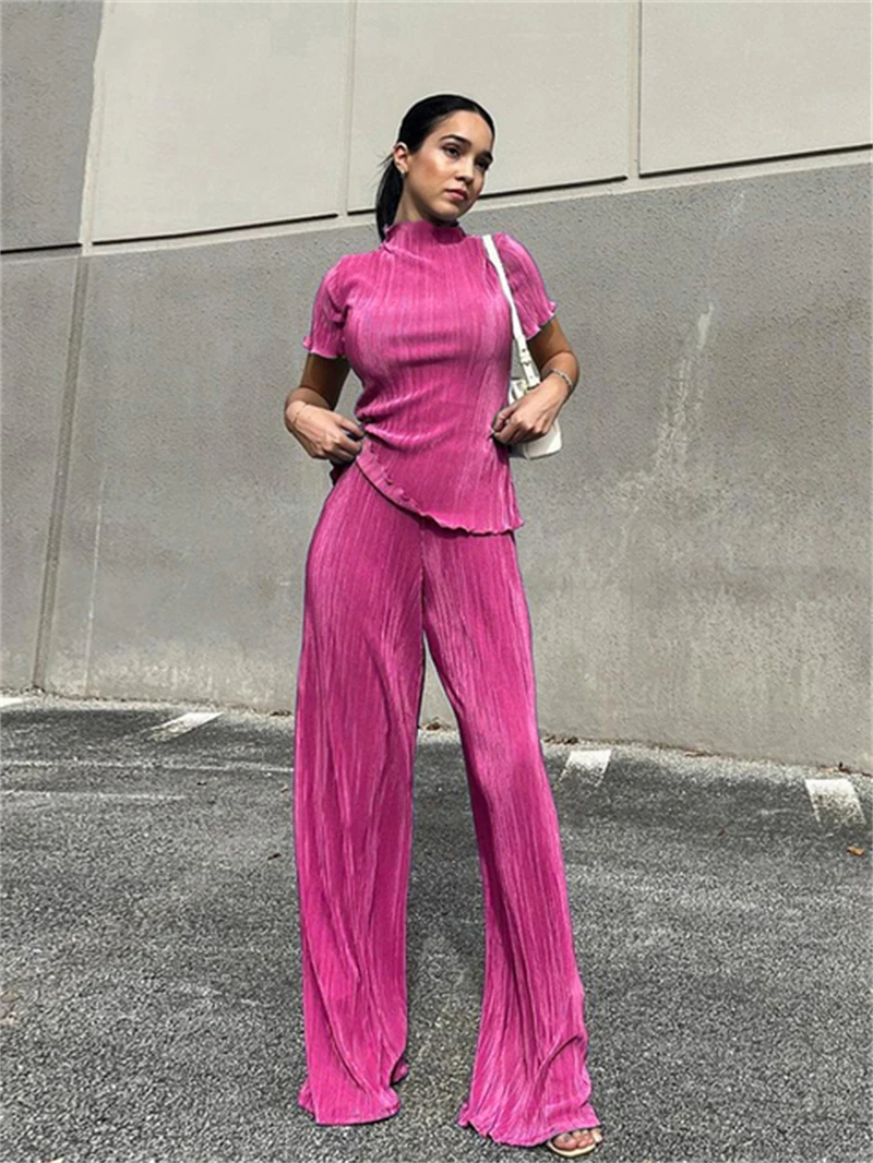 

Pleated 2 Piece Pants Sets Women Tracksuit Summer Clothing Turtleneck Short Sleeve Blouse Top Trousers Suits Two Pieces Outfits