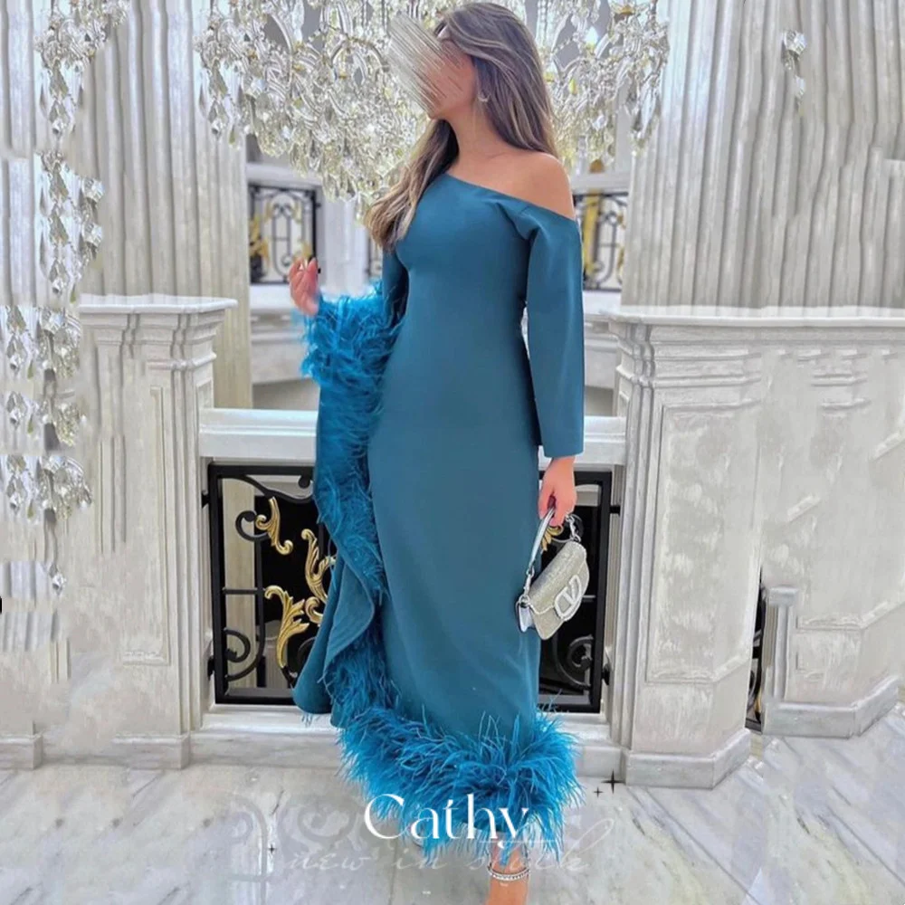 

Cathy Elegant Blue Prom Dress Cape Sleeve Vestidos De Noche Luxury Ostrich Hair فساتين السهرة Long Sleeve Prom Gown 2023