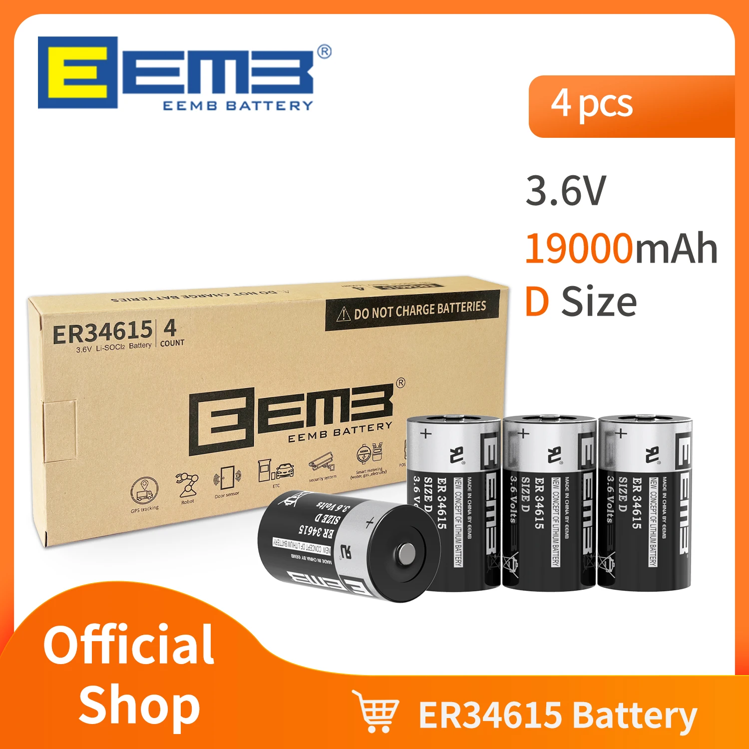 EEMB 4 шт. 3,6 В, размер D, литиевые батареи ER34615 19000 мАч, неперезаряжаемая батарея для электрического/водяного счетчика, домашнего монитора, сигнализации EEMB 4 шт. 3,6 В, размер D, литиевые батареи ER34615 19000 мАч, неперезаряжаемая батарея для электрического/водяного счетчика, домашнего монитора, сигнализации