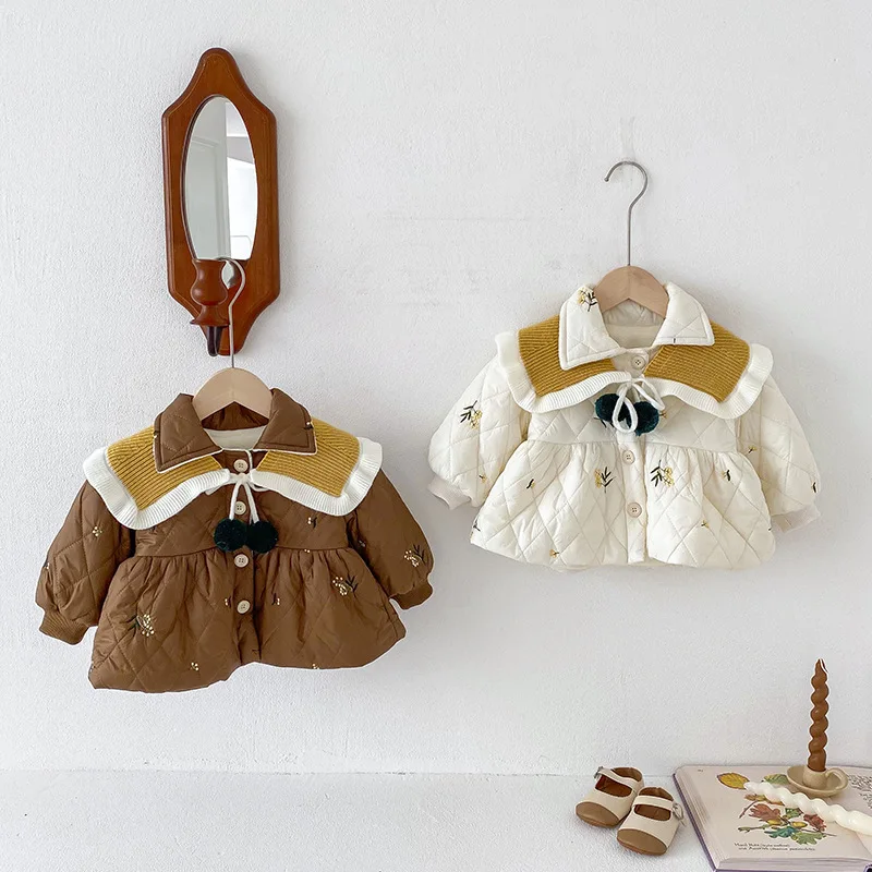 

Осенне-зимнее детское хлопковое пальто с цветочной вышивкой, утепленная флисовая куртка с отворотом для мальчиков и девочек, детские теплые топы с бархатной подкладкой + шаль