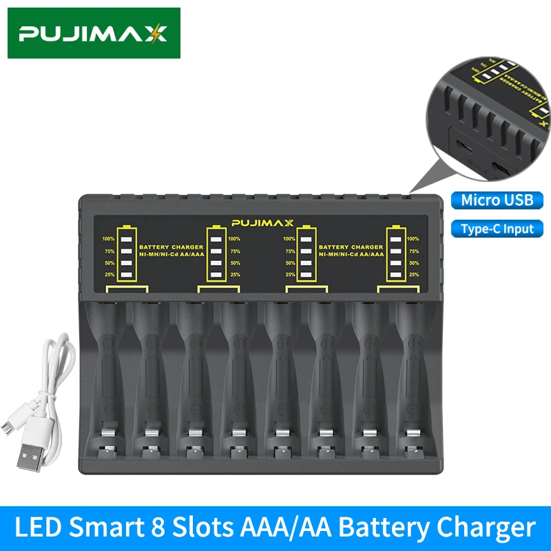 

PUJIMAX LED NiMH/NiCd AA/AAA Rechargeable Battery Charger for 1.2V Batteries with Micro USB Cable Portable Household Charger