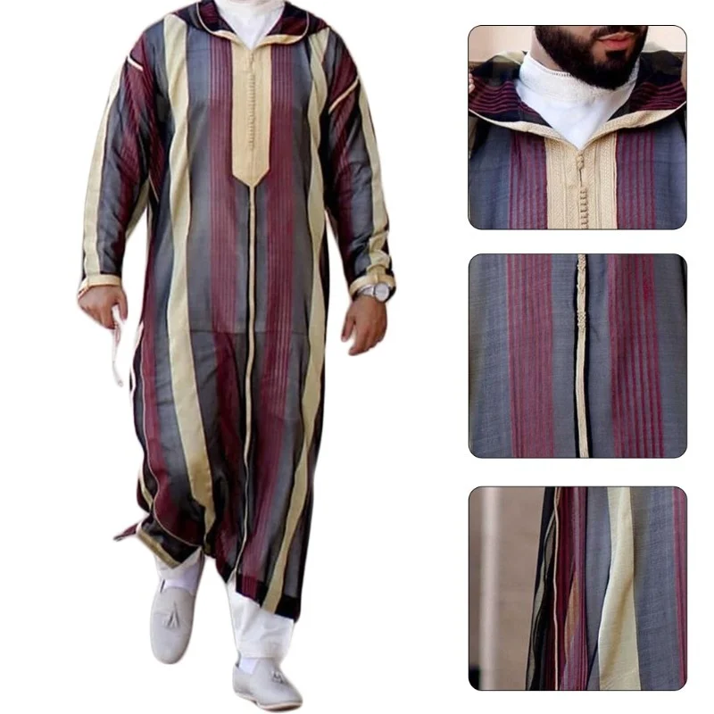 Lapel Muslim Mens Long Sleeve Thobe Middle East Saudi Arab Kaftan Islamic Abaya Dress Dubai Robes with Striped Pattern