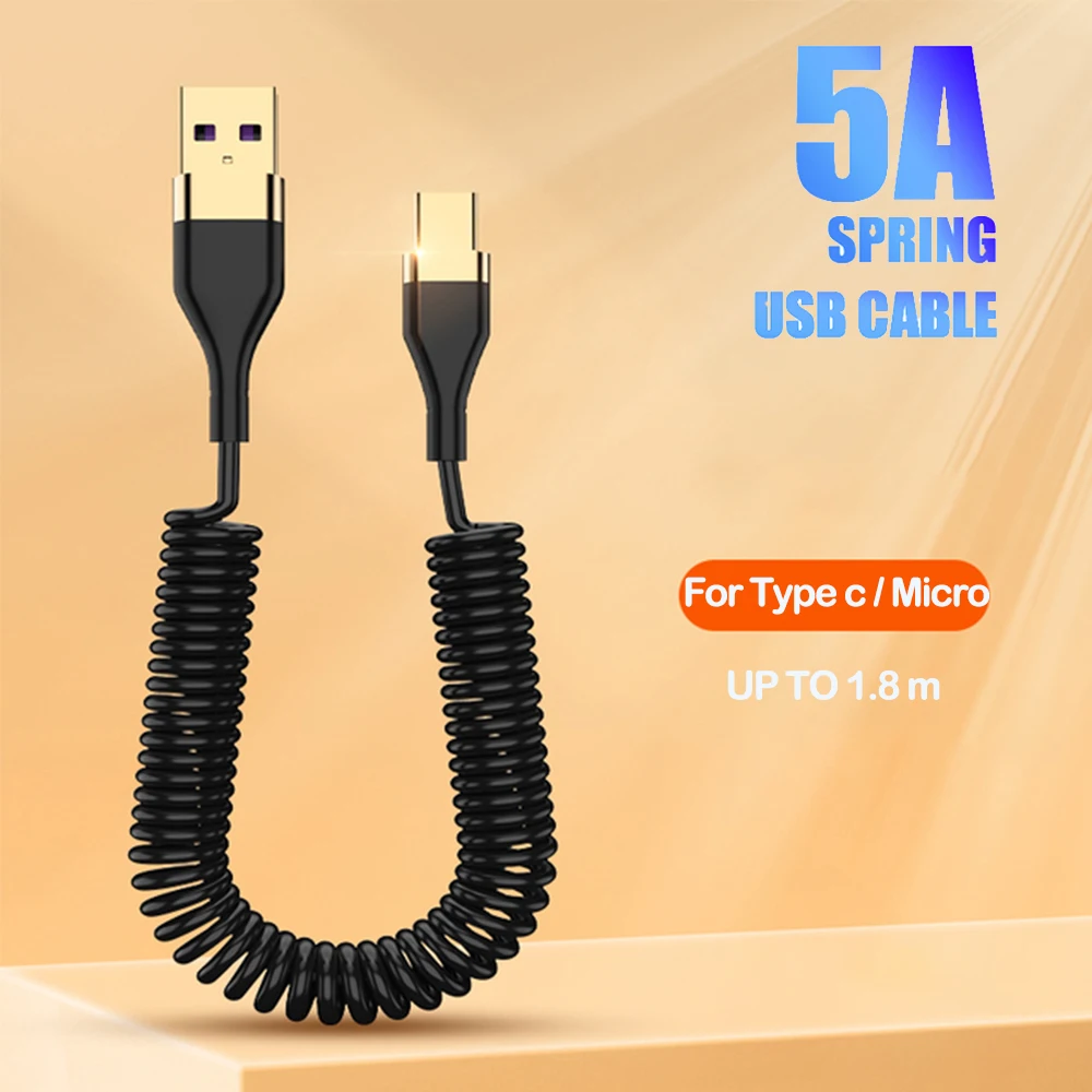 

5A Ultra Fast Charging USB To Micro TypeC Spring charging Cable Mobile Phones Fast Charge Cable For Xiaomi Redmi Huawei Realme