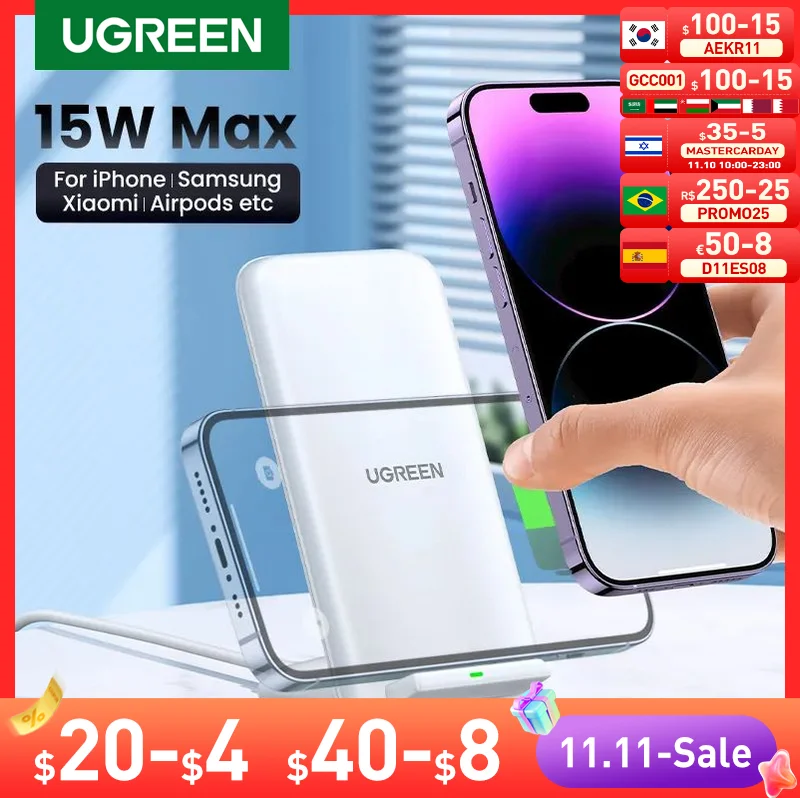 

UGREEN Wireless Charger Stand 15W for iPhone 15 14 Pro Max Samsung Airpods Pro Wireless Chargers QI Type C Fast Charging Station