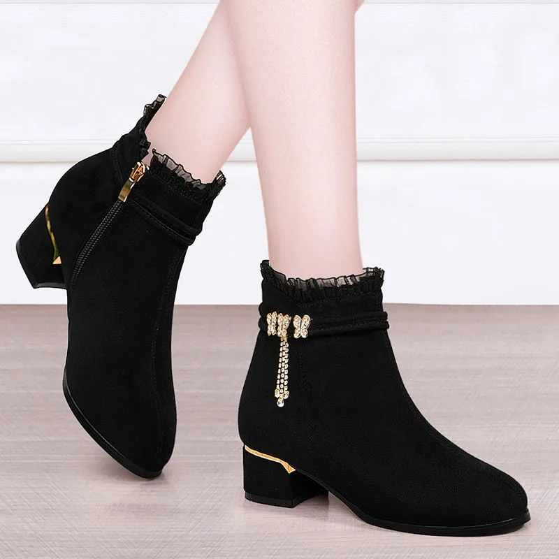 

Women Flock Ankle Boots Winter New Side Zip Women's High Heels Dress Lace Short Boot Outdoor Round Toe Ladies Daily Pump Booties