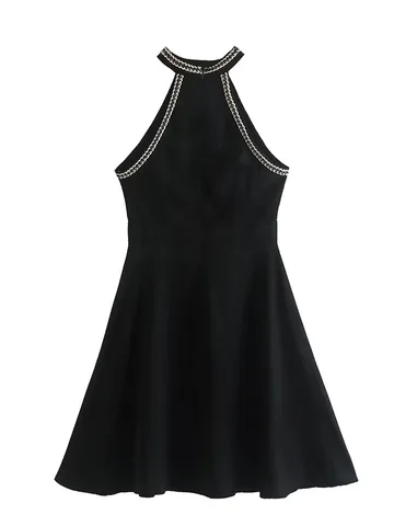 Женское модное черное однотонное мини-платье DUOPERI на молнии сзади, винтажные женские шикарные платья без рукавов с круглым вырезом